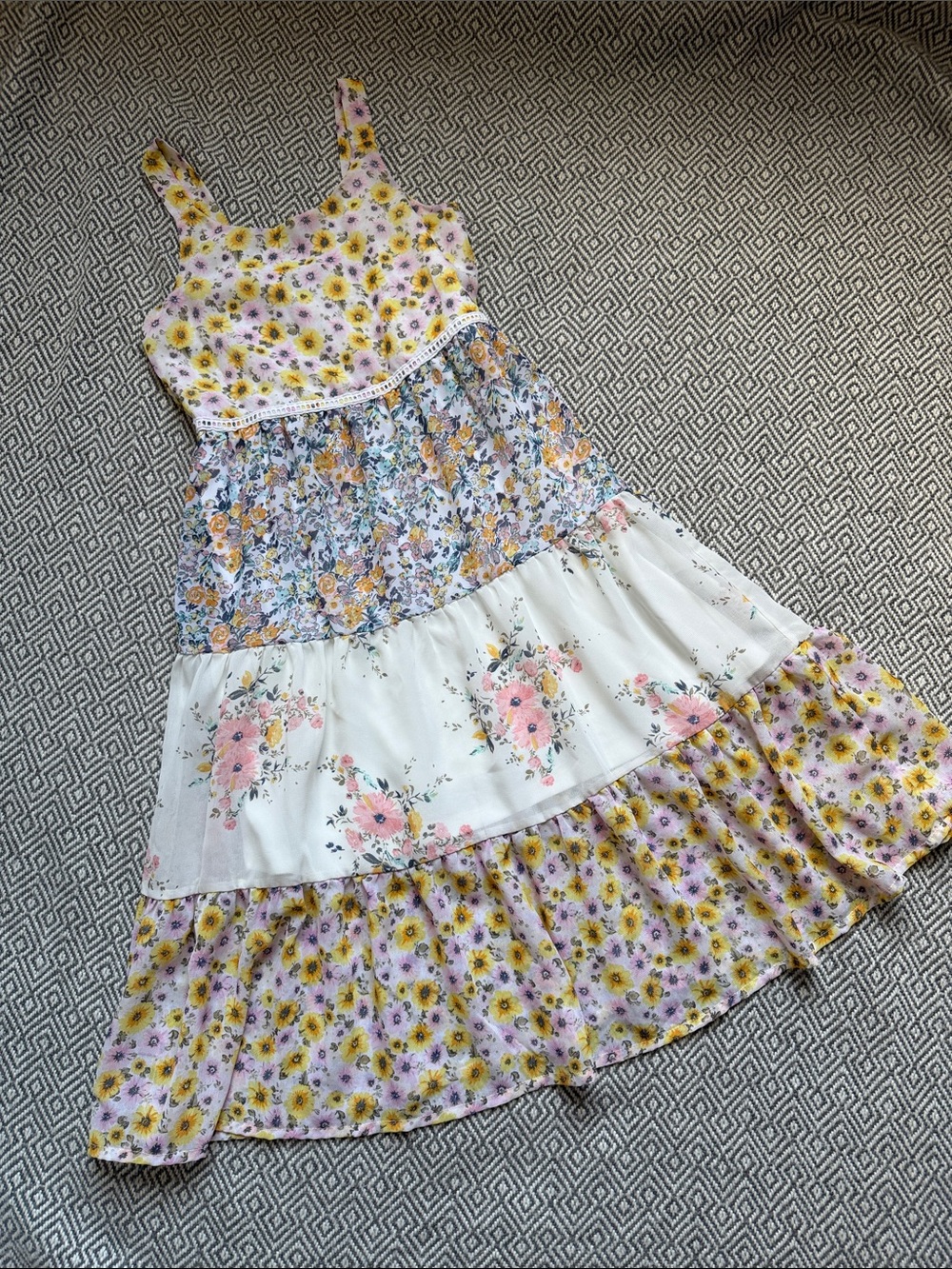 Zunie Floral Tiered Sundress in Yellow, White & Pink